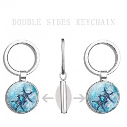 Blue sea life - round double sided glass keychain - turtle / dolphin / seashellsKeyrings