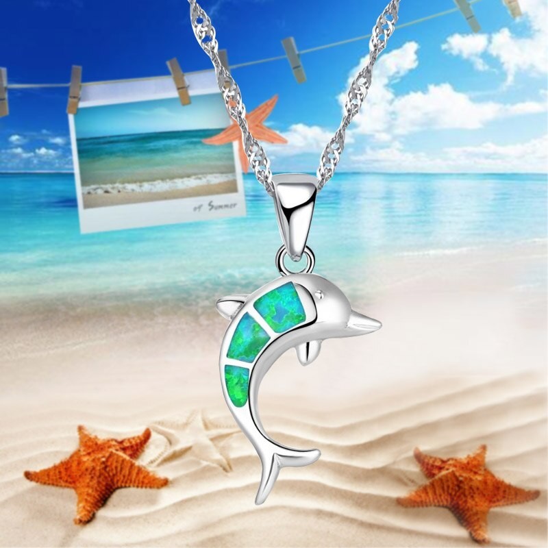Silver necklace with a colorful opal dolphinNecklaces