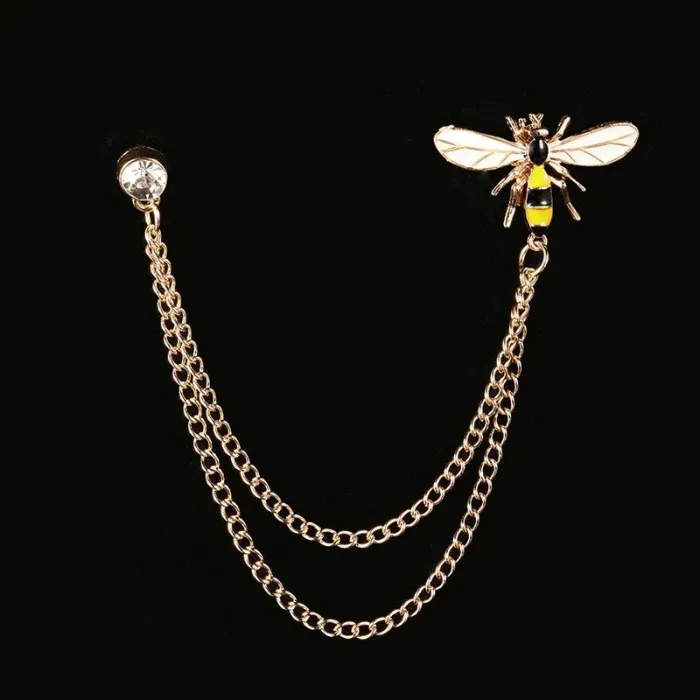 Vintage broche met ketting - speld voor kraag / overhemd - bij / bloemenBroches