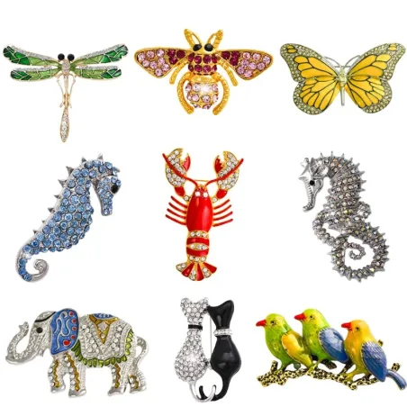 Retro kristallen broche met insecten - libel / vlinder / bij / olifant / katten / vogels / zeepaardjeBroches