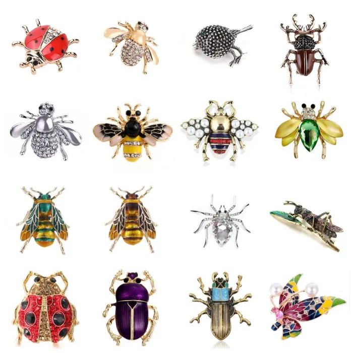 Kristallen broche met kleine insecten - bij / lieveheersbeestje / mieren / vogel / slakBroches
