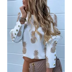 Elegante losse blouse - shirt met lange mouwen - met decoratieve knopen - ananasprintBlouses & overhemden