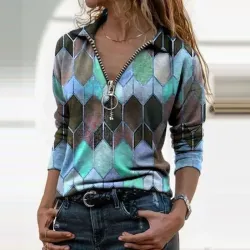 Klassiek t-shirt met lange mouwen - losse blouse - met rits - off shoulder - kleurrijke printBlouses & overhemden