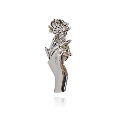 Silver brooch with a hand holding rose - pinBrooches