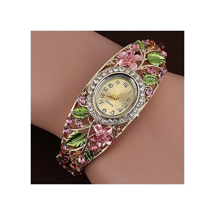 Elegante kristallen armband - met horloge - kleurrijke bloemen - uitgehold ontwerpArmbanden