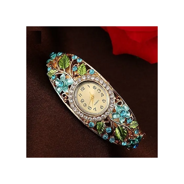Elegante kristallen armband - met horloge - kleurrijke bloemen - uitgehold ontwerpArmbanden