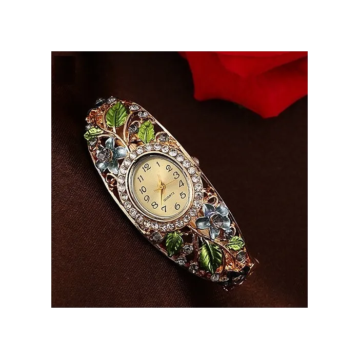 Elegante kristallen armband - met horloge - kleurrijke bloemen - uitgehold ontwerpArmbanden