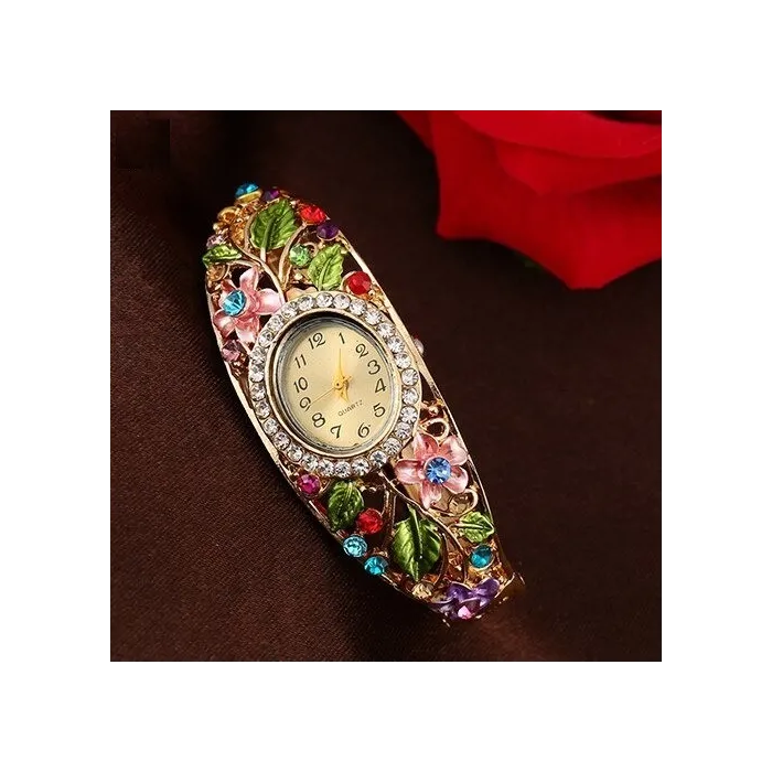 Elegante kristallen armband - met horloge - kleurrijke bloemen - uitgehold ontwerpArmbanden