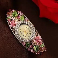 Elegante kristallen armband - met horloge - kleurrijke bloemen - uitgehold ontwerpArmbanden