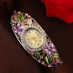 Elegante kristallen armband - met horloge - kleurrijke bloemen - uitgehold ontwerpArmbanden
