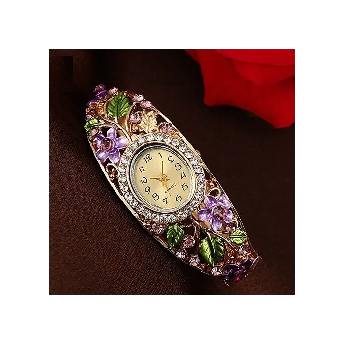 Elegante kristallen armband - met horloge - kleurrijke bloemen - uitgehold ontwerpArmbanden