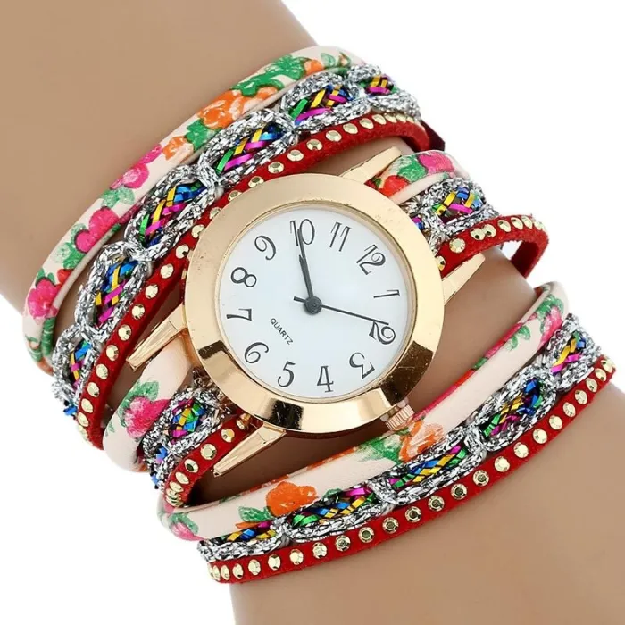 Meerlaagse bloemenarmband - met een rond quartz horlogeArmbanden