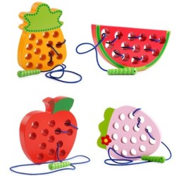 Montessori educatief speelgoed - houten puzzel - worm etend fruit - appel / peer / watermeloenHouten