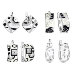 Trendy oorbellen met zirkonia - zwart/wit emaille patroon - origineel 925 zilverOorbellen