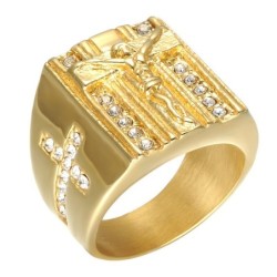 Luxe gouden ring - met Jezus / kruis / witte zirconia - unisexRingen