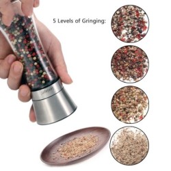 Transparent herbs / salt / pepper grinder - with adjustable coarseness - stainless steel - 2 piecesMills - Grinders