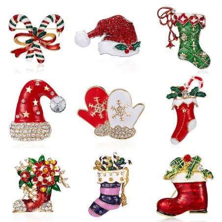 Modieuze kerstbroches - met kristallen - muts - sokken - dubbele zuurstokBroches