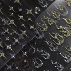 Nagelstickers - goud / zilver - vlam / sterren / witte wolkenNagels