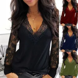 Sexy t-shirt - kanten top - V-hals - lange mouwBlouses & overhemden