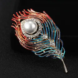 Trendy broche met veer / parel / kristallenBroches