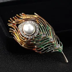 Trendy broche met veer / parel / kristallenBroches