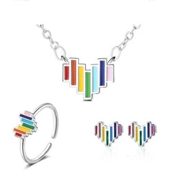 Rainbow jewellery set - heart shaped - necklace / earrings / ring - 925 sterling silver