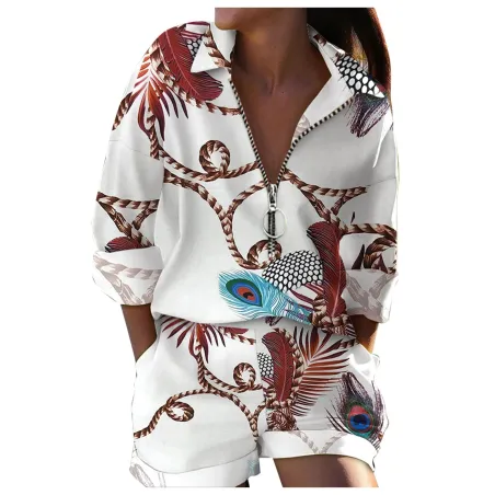 Modieuze tweedelig jumpsuit - met ritssluiting - top met lange mouwen / shorts - vlinders / letters / blaadjes bedruktJumpsuits