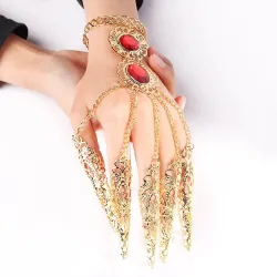 Vijfvingerring - met ketting - gouden armband - uitgeholde bloemen / rode kristallenArmbanden