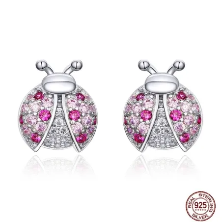 Earrings with ladybug - pink zirconia - 925 sterling silverEarrings