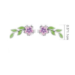 Paars-roze bloem/groen blad - elegante oorbellen - 925 sterling zilverOorbellen