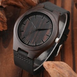 Zwart sandelhout horloge - leren band - cadeau voor vader - The Best DadHorloges