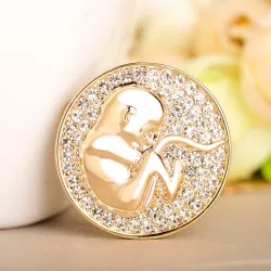 Ronde verloskundigenbroche - met kristallen - muntvorm - ongeboren babyBroches