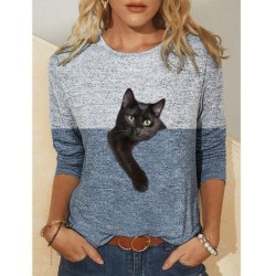 Klassiek T-shirt met lange mouwen - dubbele kleur - 3D kattenprintBlouses & overhemden