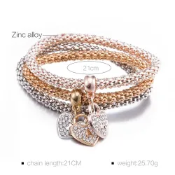 Elegante driedelige armband - met kristallen hartjes - zilver - goud - roségoudArmbanden
