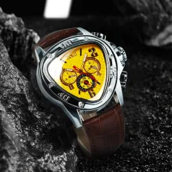 Jaragar - luxe automatisch sporthorloge - geometrische driehoekige wijzerplaat - echt leren bandHorloges