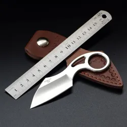 Tactisch klein mes - met ring - leren etui - D2 staalMultitool & Zakmes