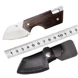 Mini opvouwbaar mes - roestvrij staal - houten handvat - met leren hoesMultitool & Zakmes