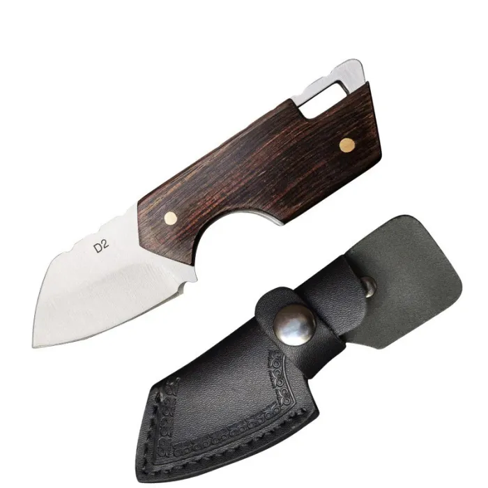Mini opvouwbaar mes - roestvrij staal - houten handvat - met leren hoesMultitool & Zakmes