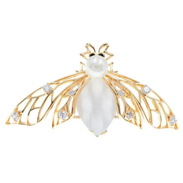 Modieuze gouden broche - met parelbij & kristallenBroches