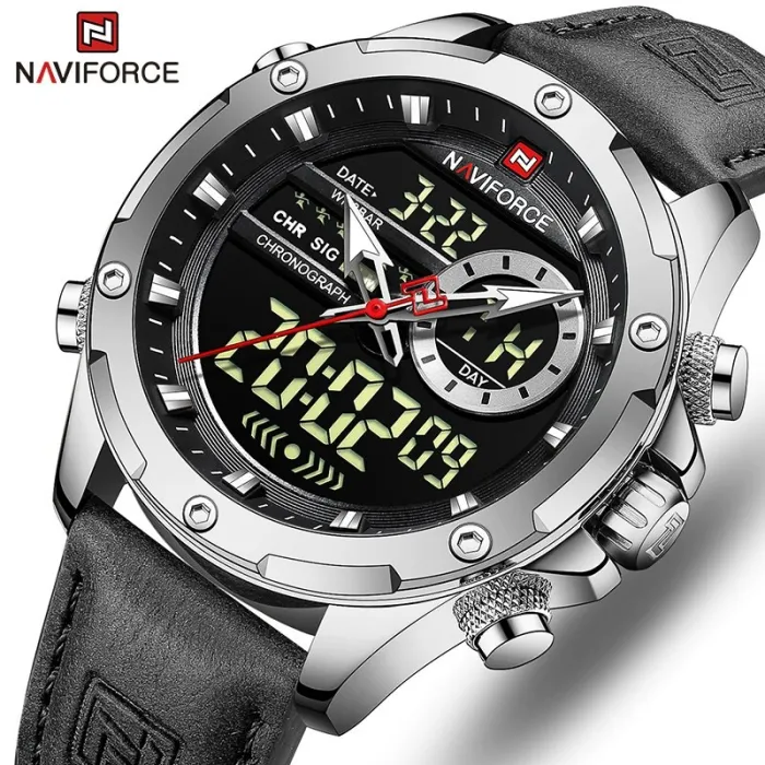 NAVIFORCE - sport - militair quartz horloge - leren band - LCD LED-display - waterdichtHorloges