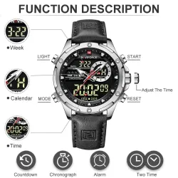 NAVIFORCE - sport - militair quartz horloge - leren band - LCD LED-display - waterdichtHorloges