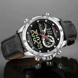 NAVIFORCE - sport - militair quartz horloge - leren band - LCD LED-display - waterdichtHorloges