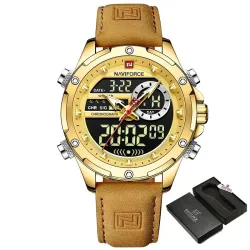 NAVIFORCE - sport - militair quartz horloge - leren band - LCD LED-display - waterdichtHorloges