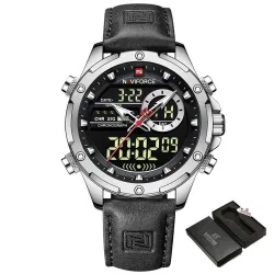NAVIFORCE - sport - militair quartz horloge - leren band - LCD LED-display - waterdichtHorloges