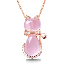 Stijlvolle rosé gouden ketting - hanger in de vorm van een kat - kristallen - roze opaalHalskettingen