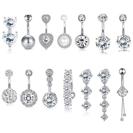 Belly button ring - piercing - double round cubic zirconia - 316L surgical steel - silverPiercings