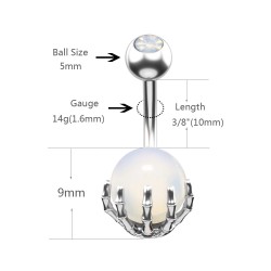 Navelpiercing - piercing - skelethand met opaalbol - chirurgisch staalPiercings