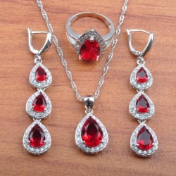 Exclusieve sieradenset - halsketting - oorbellen - ring - rode zirconia - 925 sterling zilverSieradensets