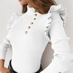 Long sleeve turtleneck - ribbed sweater - buttons / rufflesHoodies & Jumpers