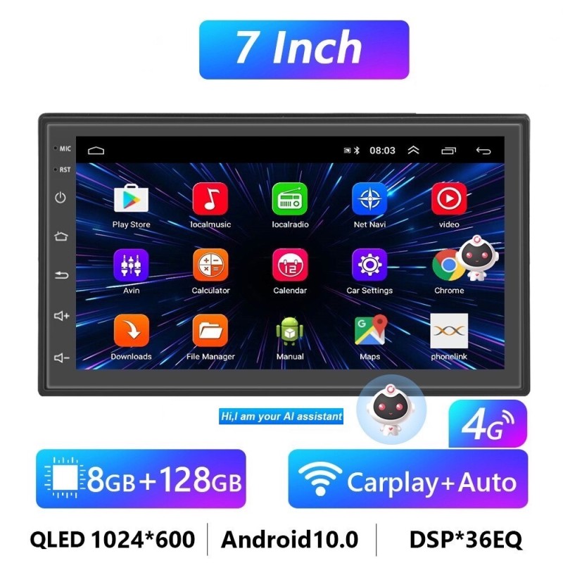 Android 10 QLED autoradio - 8GB-128GB - Bluetooth - AI - 8 core - CarPlay - 4GDin 2